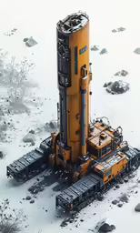 the small yellow and black rocket is in the snow