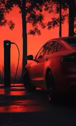 an electric car plugged in the forest at sunset