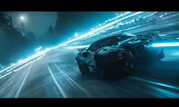 the scene shows an image of a futuristic race car in a city