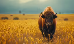 a large bull stands alone in a yellow field