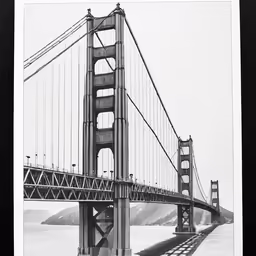 a large golden gate bridge on a white and black picture