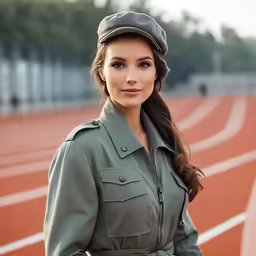 a woman that is wearing a hat standing near a track