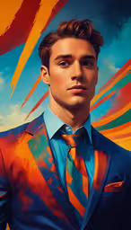 a man in blue suit and orange tie standing in front of painting,man in a tie with sky background