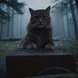 a cat sitting on top of a rock in the middle of a forest