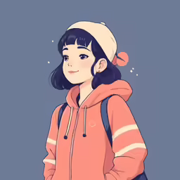 a young girl with blue hair and wearing a pink sweatshirt and hat