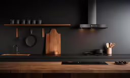 a modern kitchen with a wooden counter top