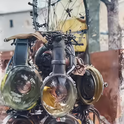 an old fashioned bicycle with some gears and lights on it