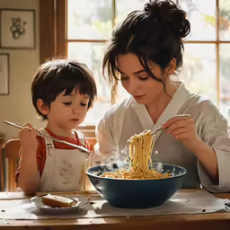 a mother and child eat spaghetti with chopsticks in front of them
