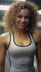 a girl with curly hair is smiling in the rain,a beautiful woman in a tank top is smiling at the camera