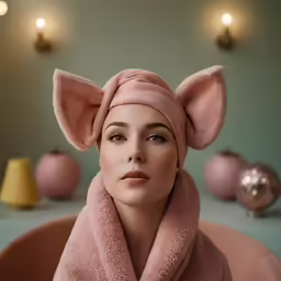 a woman with large ears in a pink robe wearing a towel