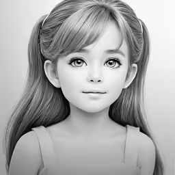 a little girl with long hair, is shown in black and white