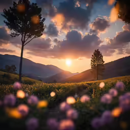 flowers are blooming in a field at sunset