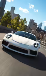 a white porsche driving on a road with tall buildings in the background