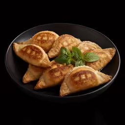 a plate with some dumplings and a leaf on top