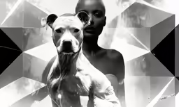 a woman and a dog against a black and white background