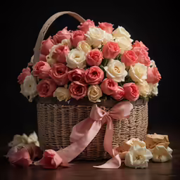 a basket of pink and white roses with a ribbon around it