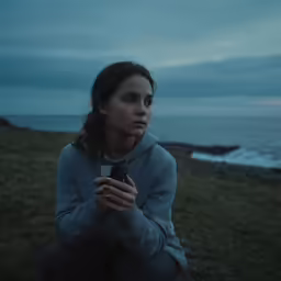 woman squatting on ground with small camera