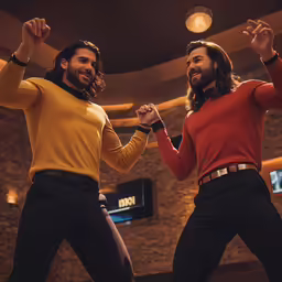 two men in red and black outfits on a dance floor