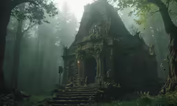 an old dilapidated building in the middle of a forest