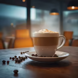 a coffee cup is filled with liquid and beans