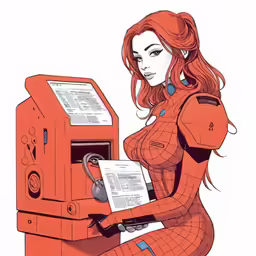 a woman in an orange suit looking at a machine