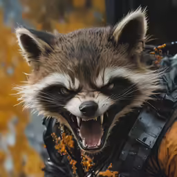 a raccoon wearing a leather outfit with a hood on