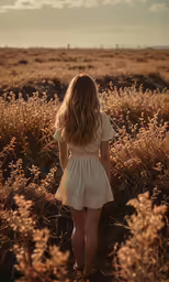 a woman walking through the middle of the field