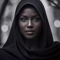 a woman with a black head scarf and a dark hoodie