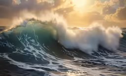 a massive wave rolls across the ocean, as the sun goes down