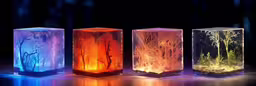 several glass vases on display in front of a black background,the glowing cubes look like they are surrounded by water