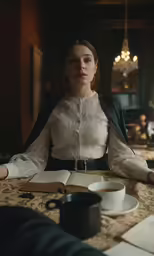 a beautiful woman in white shirt sitting at a table next to a cup of coffee