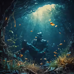 scuba underwater with sunlight shining on the ocean