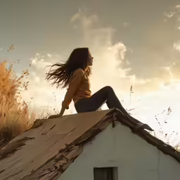 the young woman is sitting on top of a house