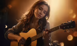 a woman playing a guitar in the dark
