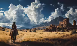 a man riding on the back of a brown horse in a field
