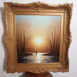a painting of a person walking into the sun in a snowy scene