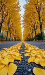 a road that has yellow leaves on the sides