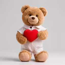 the teddy bear with a white shirt has a red heart in his hand