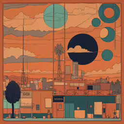 a poster that has an orange sky and clouds in the background,the painting shows a sunset with a city scene