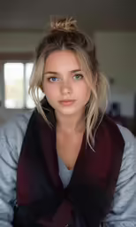 a woman with a sweater on and blue eyes
