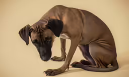 a brown dog sitting on the ground with its legs crossed