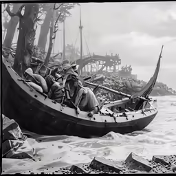 men in old fashioned boats with large guns in the ocean