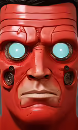 a large red mask with two huge blue eyes