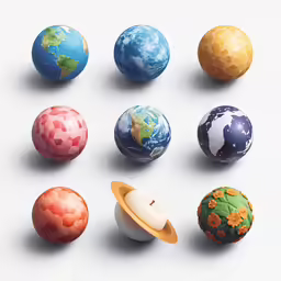 eight different colored, spherical balls sitting next to each other