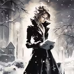 this is a picture of a woman reading in the snow,a woman in a coat stands in the snow while holding a book