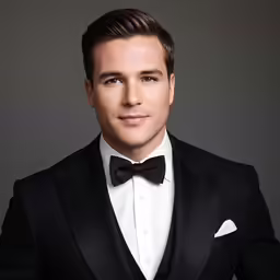 a man in a tuxedo is photographed for the camera