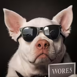 a dog wearing shades looking at a sign
