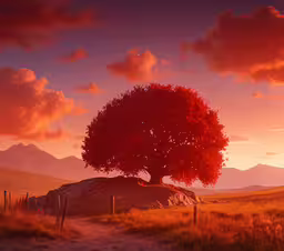 a large tree stands near a dirt road,a tree on top of a hill with a sunset