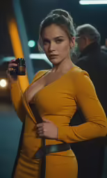 a woman in a yellow dress standing and holding a camera