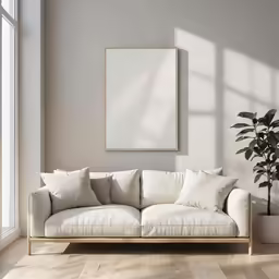 a living room with a couch and a picture frame on the wall